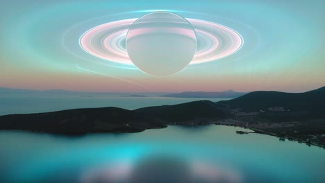 paisaje de fantasía puesta de sol con saturno en el fondo.