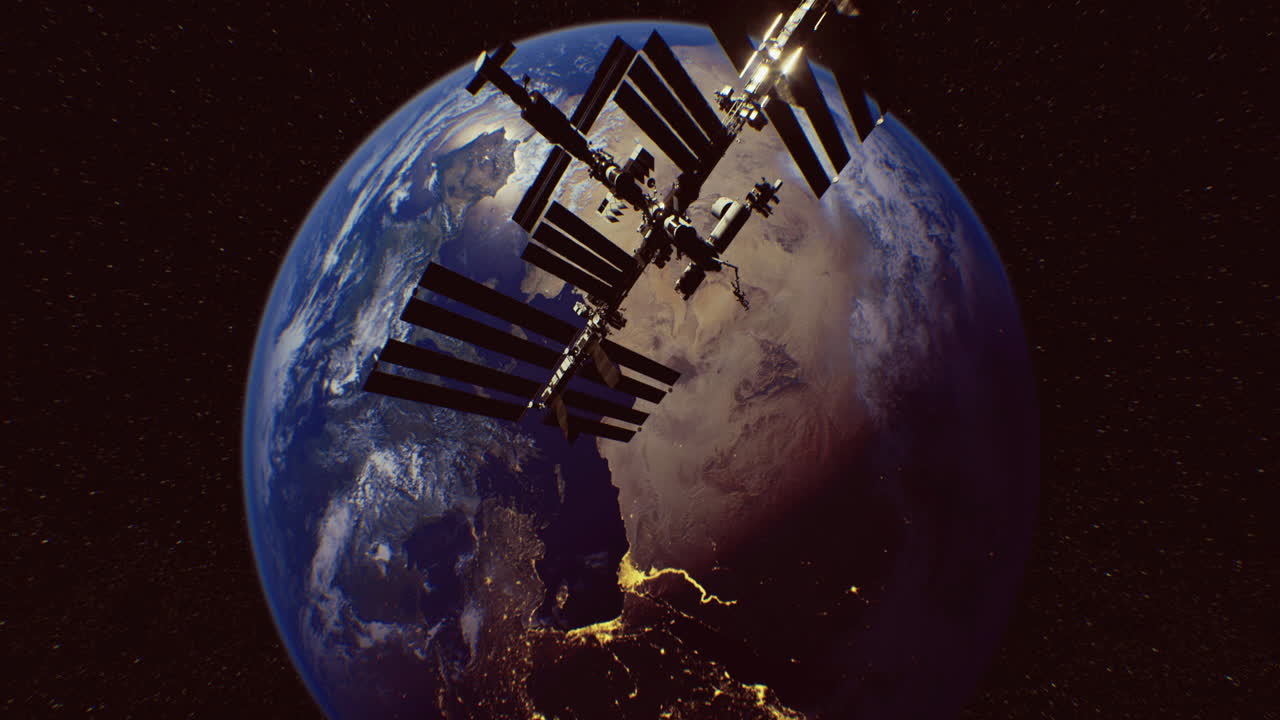 View of earth with the international space station above at night