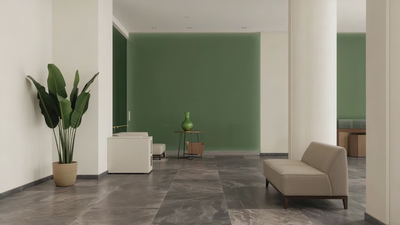 Câmera avançando em direção à parede verde em um saguão moderno, enquadrando uma mesa redonda e um vaso