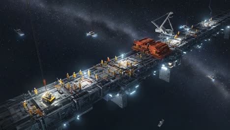a stunning cosmic construction: engineers collaborating on an impressive space station amidst the infinite depths of the universe