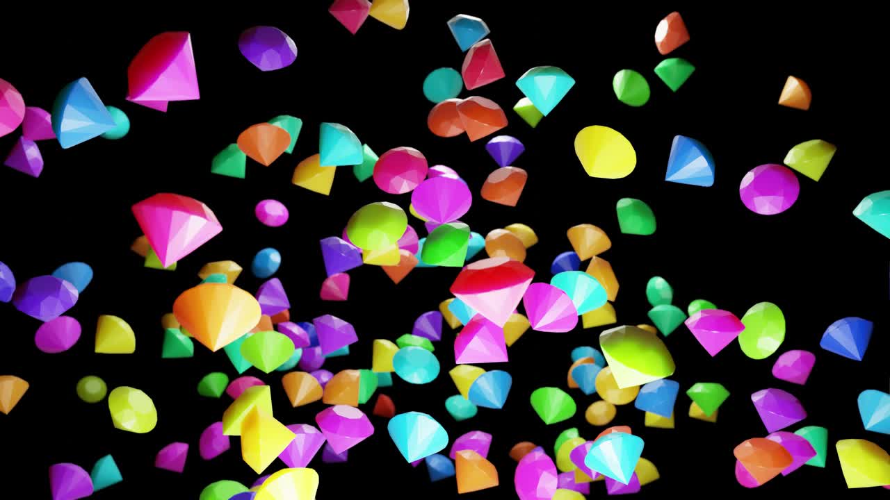 다이아몬드의 구름과 함께 추상적인 축제 배경, 공중에서 회전하는 다채로운 다이아먼드, 4k에서 아름다운 bg 루프, 부드러운 흔들리는 애니메이션, 3d 렌더링