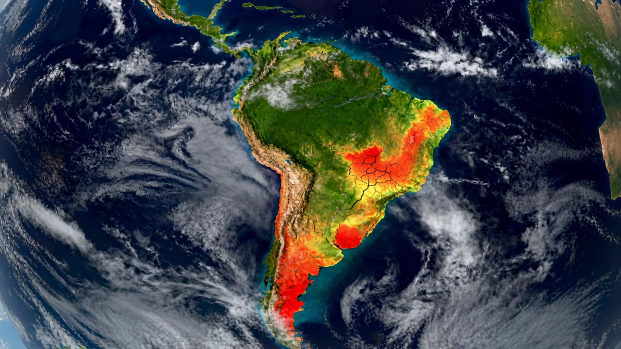Avvio di un'animazione che mostra un globo orbitale che ruota sull'America del Sud, rivelando punti caldi lungo il bordo atlantico.