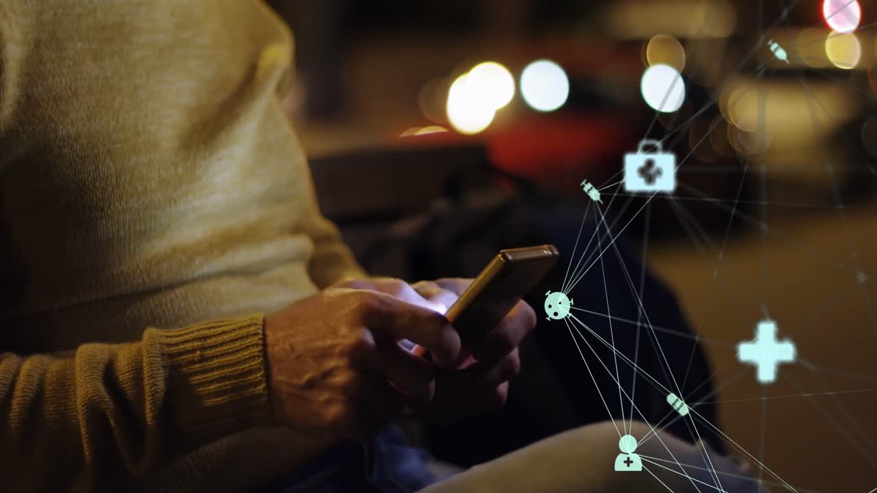 web de iconos de conexiones contra el hombre que usa un teléfono inteligente