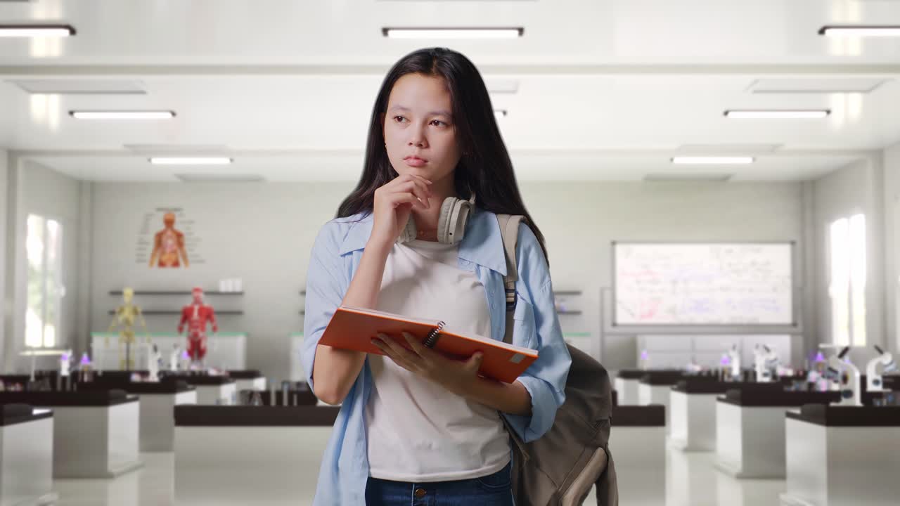 una adolescente estudiando en un aula de ciencias