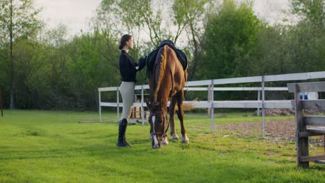 woman and horse in a pasture
