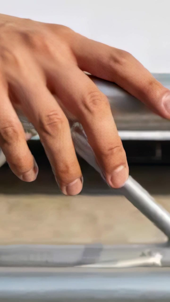 Vertical video: Frame starting right hand sliding fingers on diagonal metal rail, steadying grip