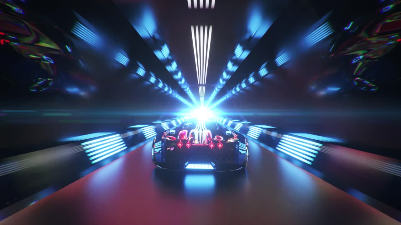 Auto futuristica in un tunnel al neon