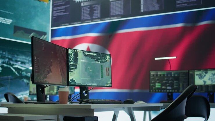 Dangerous army operations room presenting North Korea flag on big screen