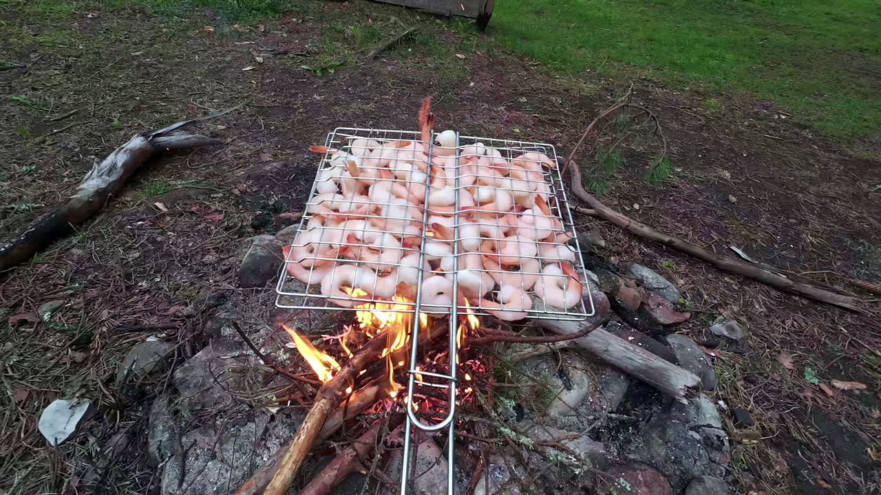 POV záběr muže grilujícího krevety na ohni při kempování