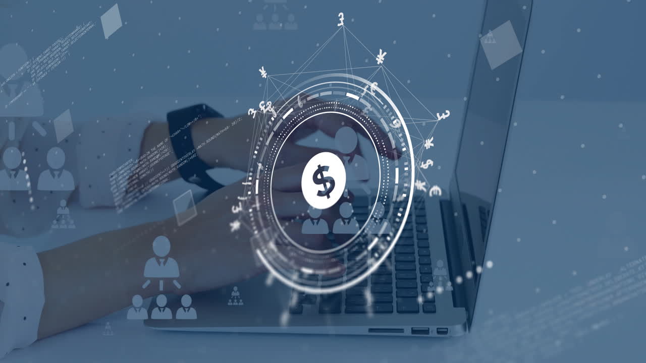animación del signo de dólar, red y procesamiento de datos sobre mujer caucásica usando portátil