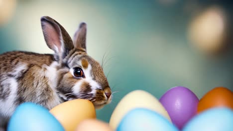 un conejo sentado en una pila de huevos coloridos