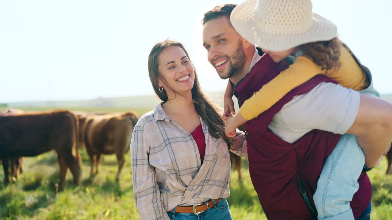 Farm, cattle and portrait of farmer family