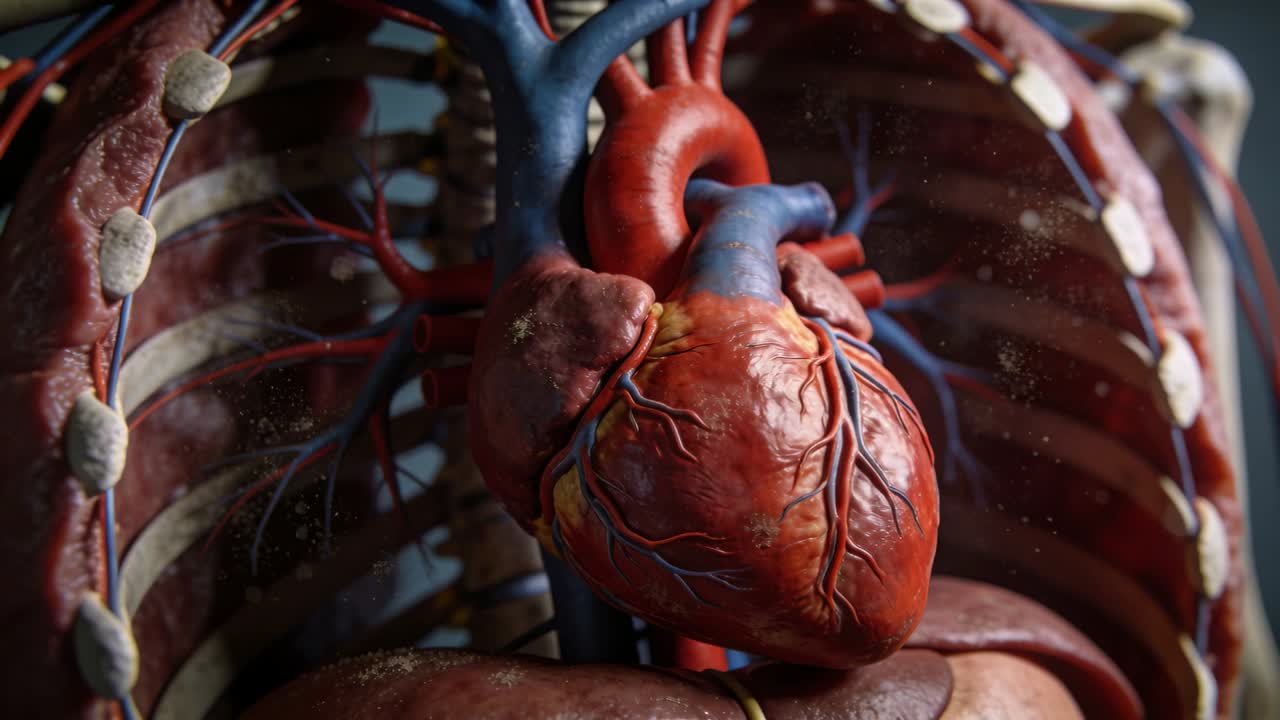 Cuore umano pulsante che si contrae mentre la telecamera si muove in una gabbia toracica aperta mostrando i vasi coronarici