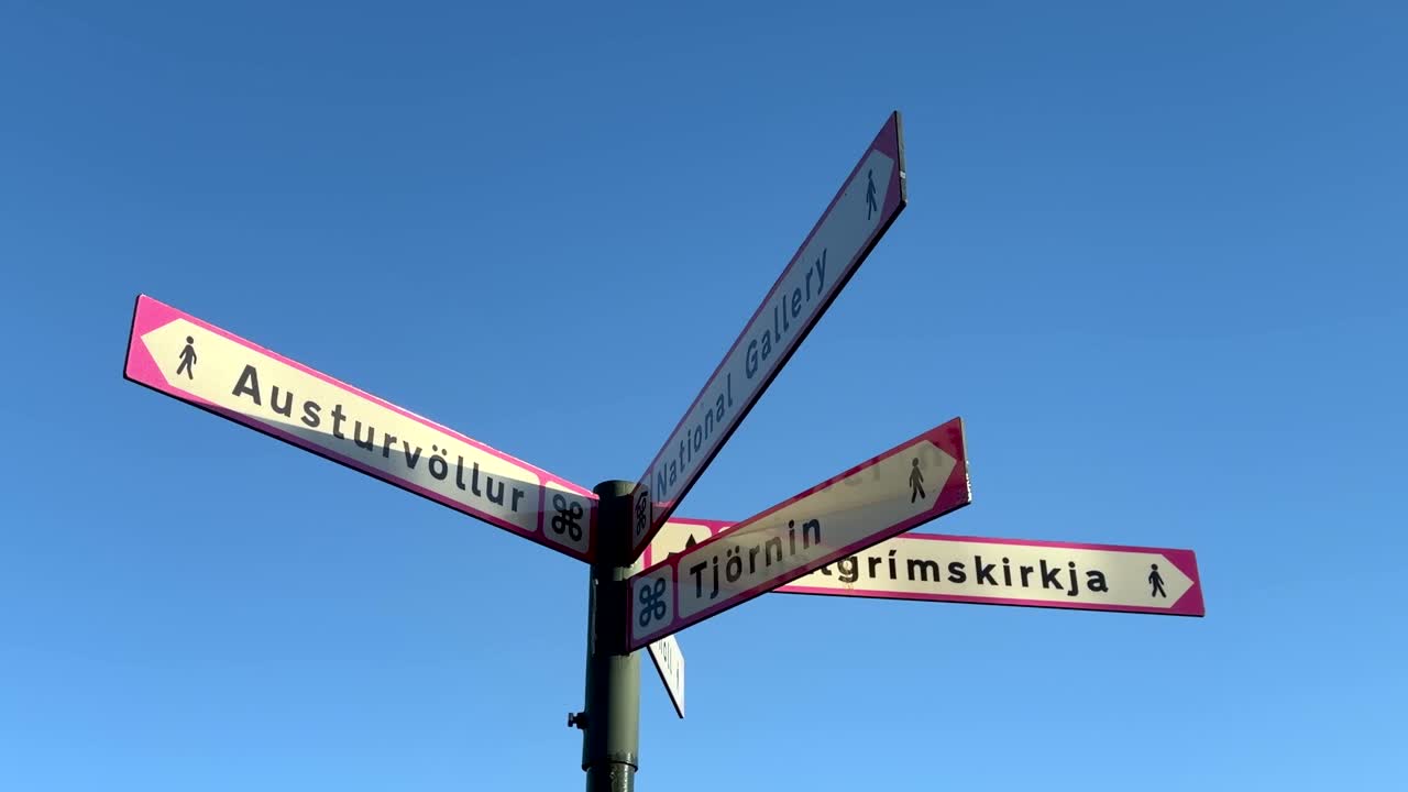 Metallikyltti kadunnimillä Reykjavikissa, Islannissa. Eristettynä sinistä taivasta vasten, lähikuva.