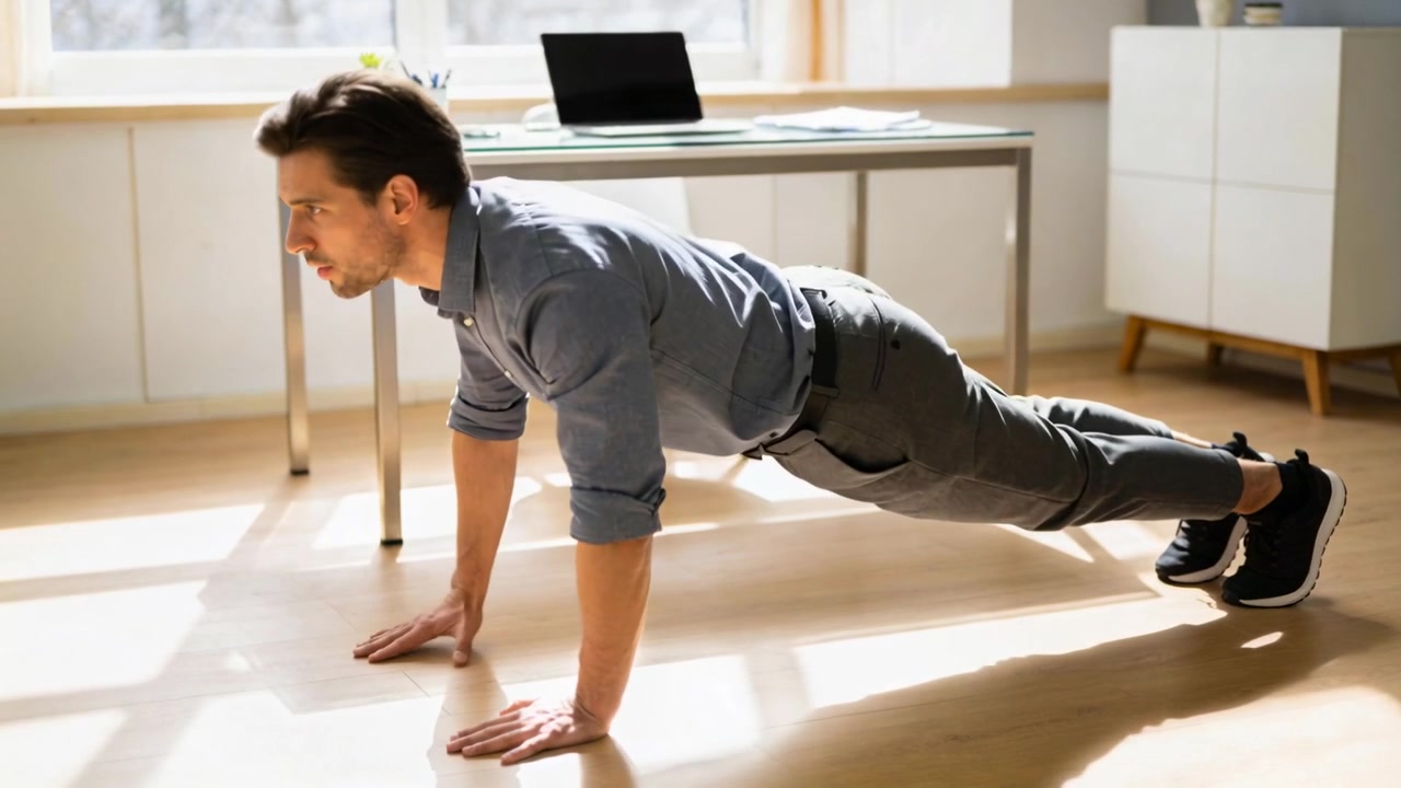 Performing push-ups man in rolled sleeves and trousers taking work break on wood floor near laptop
