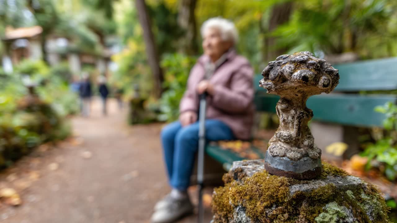 A Serene Moment in Nature: An Elderly Woman Sits Peacefully on a Bench Surrounded by Lush Foliage, While a Unique Mushroom Sculpture Stands Nearby