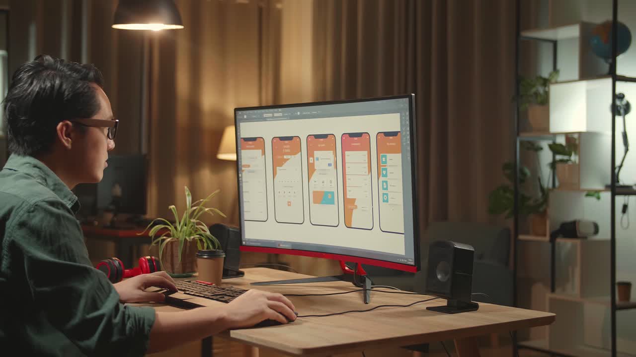 Asian Male Mobile Application Developer Works And Drinking Coffee With Graphics On His Personal Computer. He Works At Night