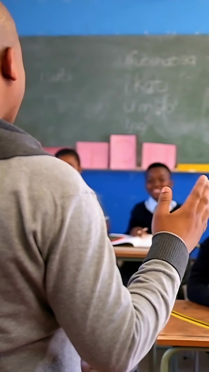 Vertical video: Starting class teacher gesturing near chalkboard, students in uniform writing