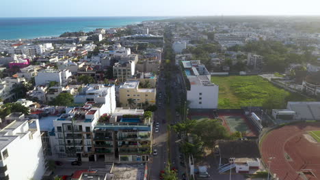 Cinematic-drone-shot-of-the-coastal-town-of-Playa-Del-Carmen