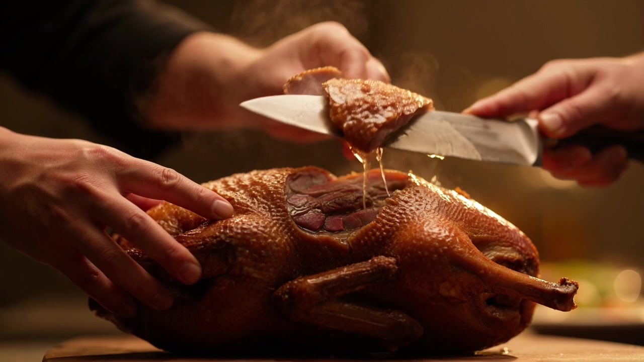 Chef Carving Roasted Duck on Wooden Cutting Board