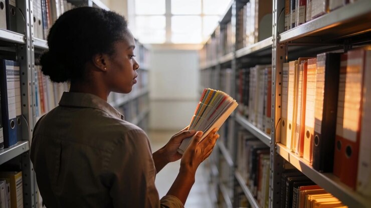 Picking up swatches, woman in olive shirt comparing colors in archive aisle, matching binder spines