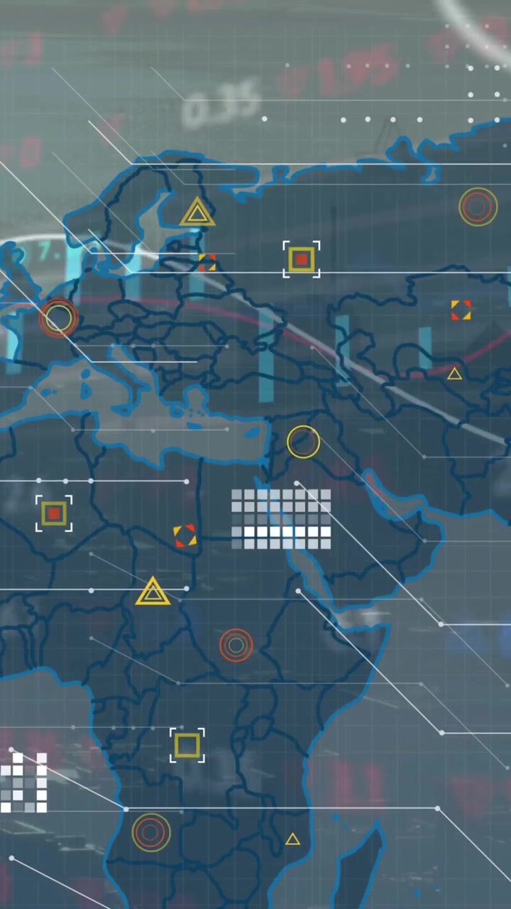 Animation of financial data processing over world map and cityscape