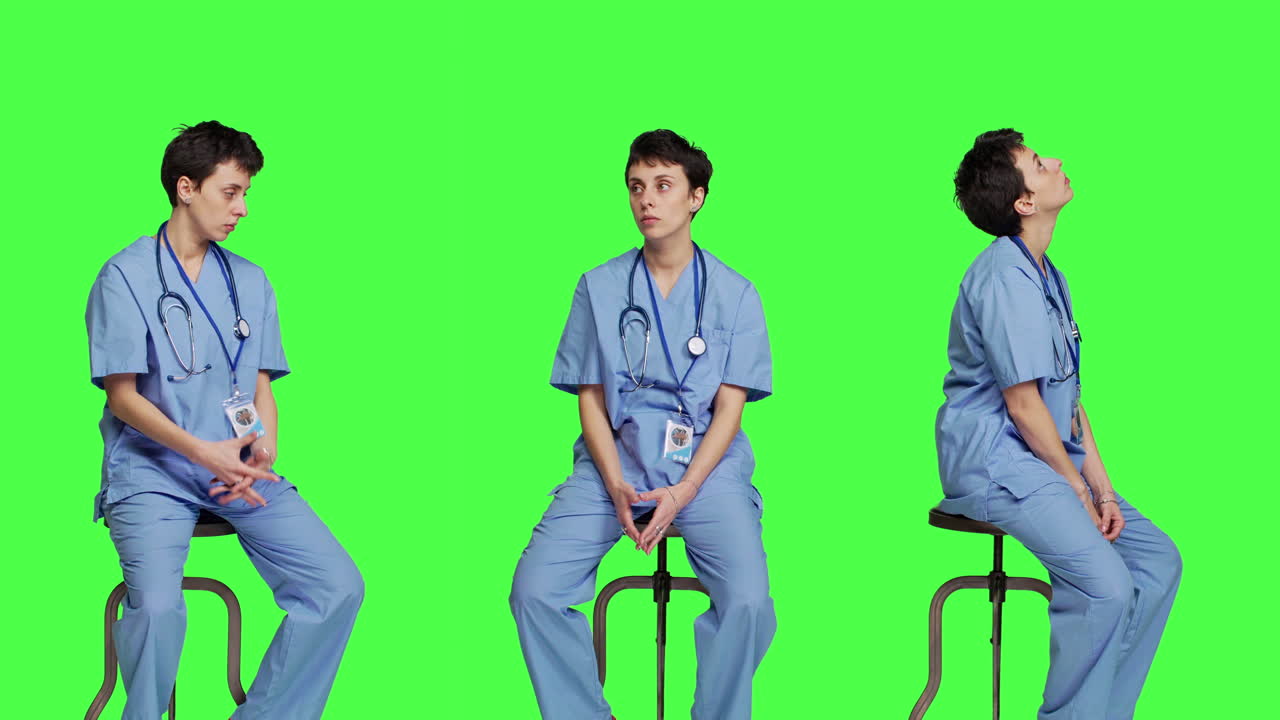 그녀가 의자에 앉아있는 동안 누군가를 기다리는 의료 보좌관