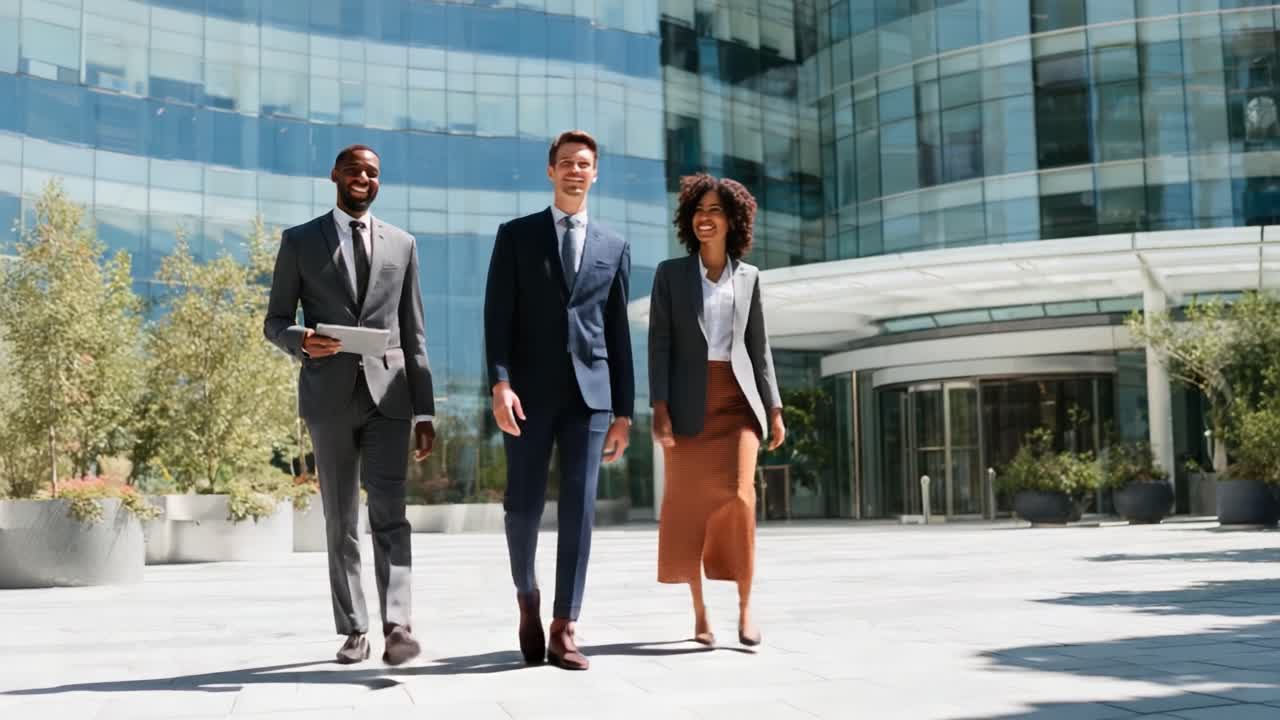 Three Professionals Walking Together Outside a Modern Office Building, Engaging in Conversation and Collaboration in a Bright, Urban Environment