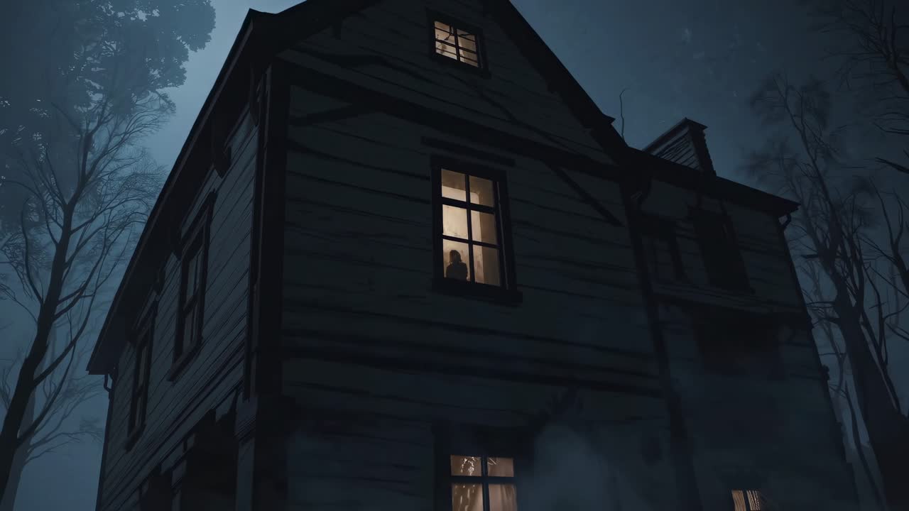 霧とねじれた木々に囲まれた、夜の幽霊屋敷の不気味な映像。