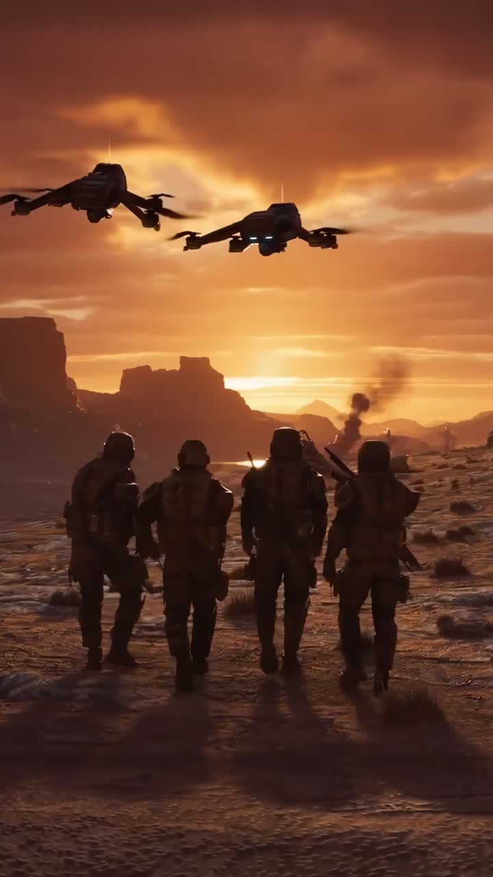 Video cinematografico di soldati che camminano al tramonto, inquadratura dal basso, con droni che sorvolano.