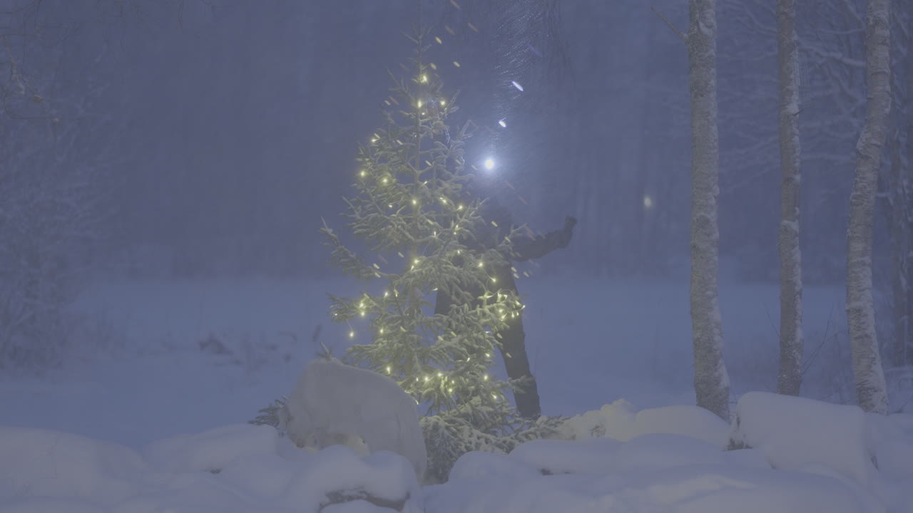 Woman decorates Christmas tree outside during snowstorm