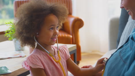 pregnant mother with daughter listening to baby heartbeat through stethoscope together