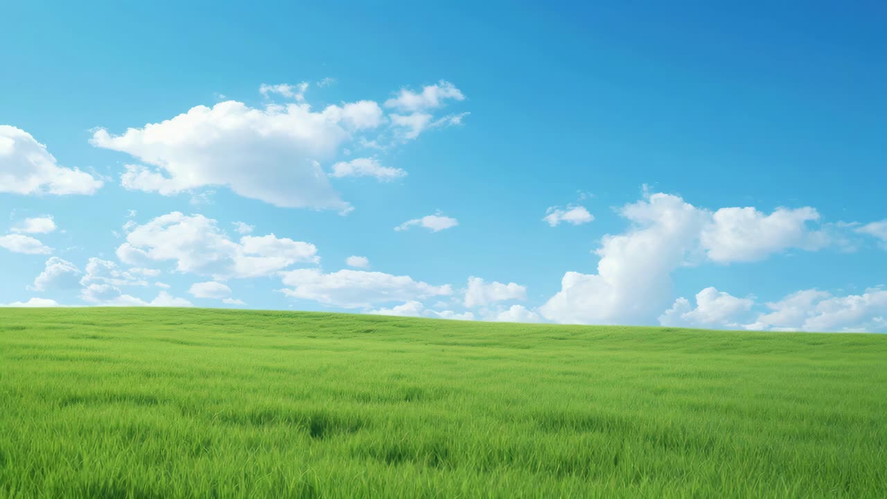 Wide-angle video still of a serene grassy field under a bright blue sky with fluffy clouds
