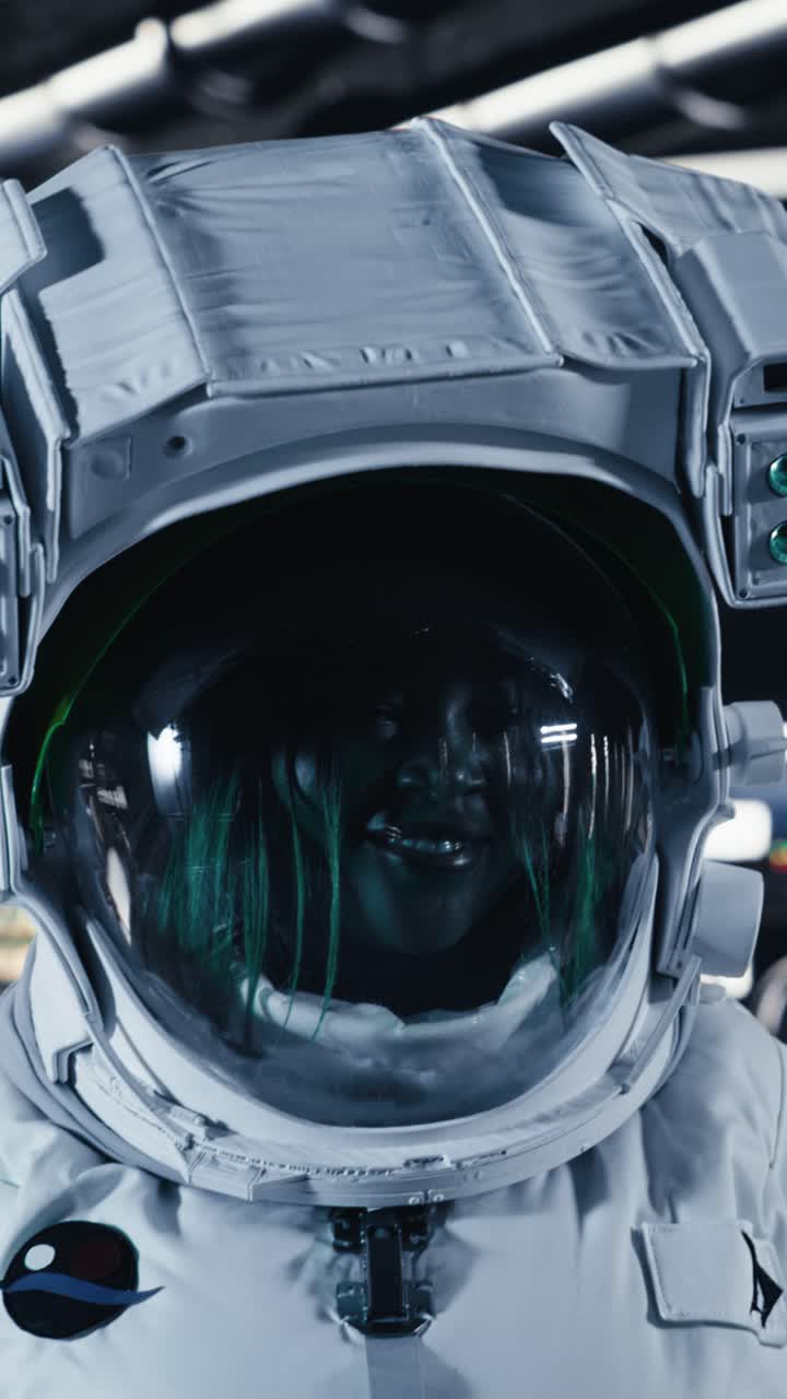 Video verticale. Tablet con schermo isolato in un'astronave accanto a un monitor che mostra una dashboard di Marte.