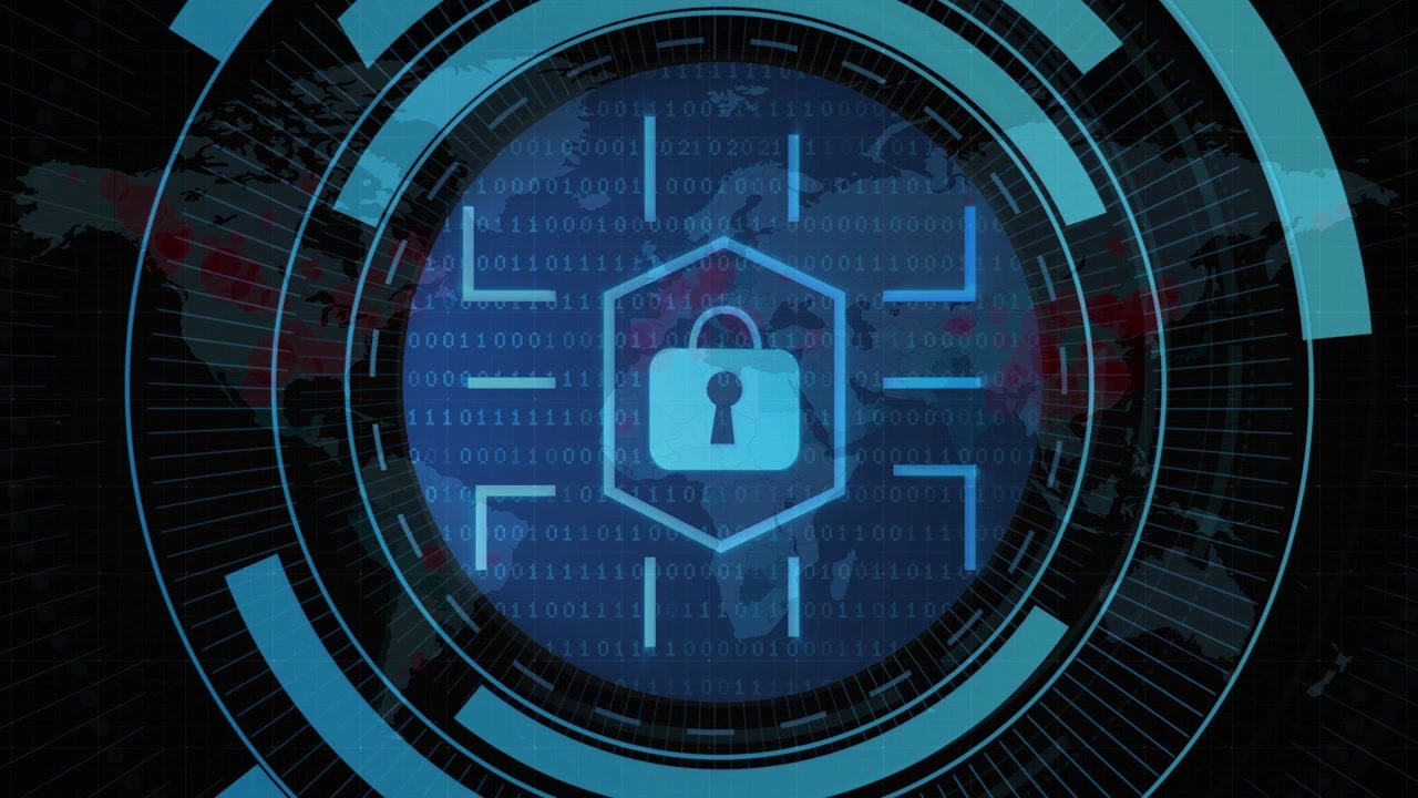 Central security HUD activating on node surge, expanding and rotating to show data protection