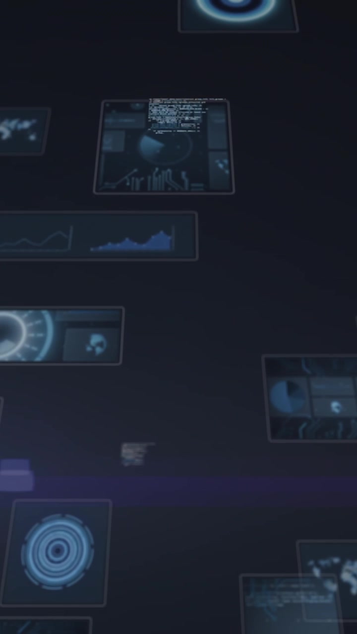 Animation of round scanners and data processing against light spot on blue background