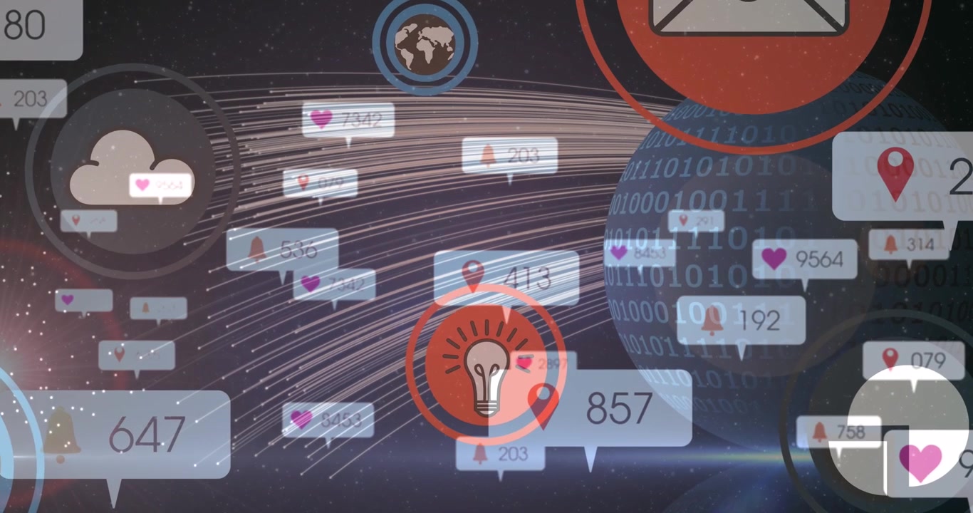 Animation of social media icons and numbers over binary coding globe