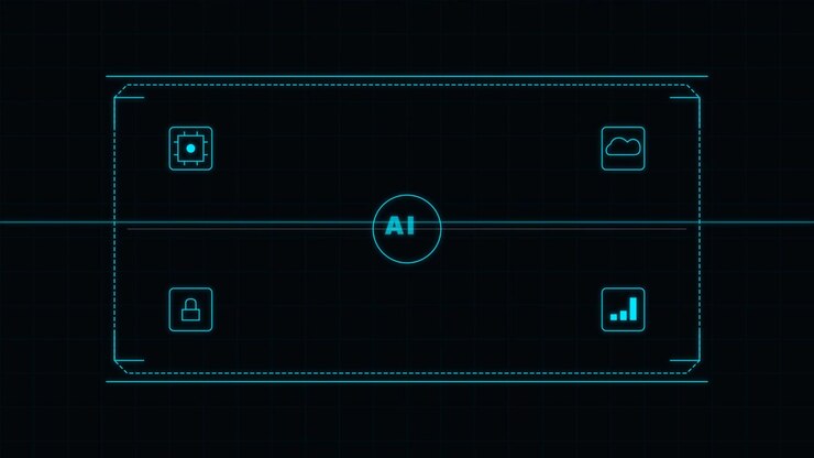 Digital AI Interface with Animated Data Nodes and Icons