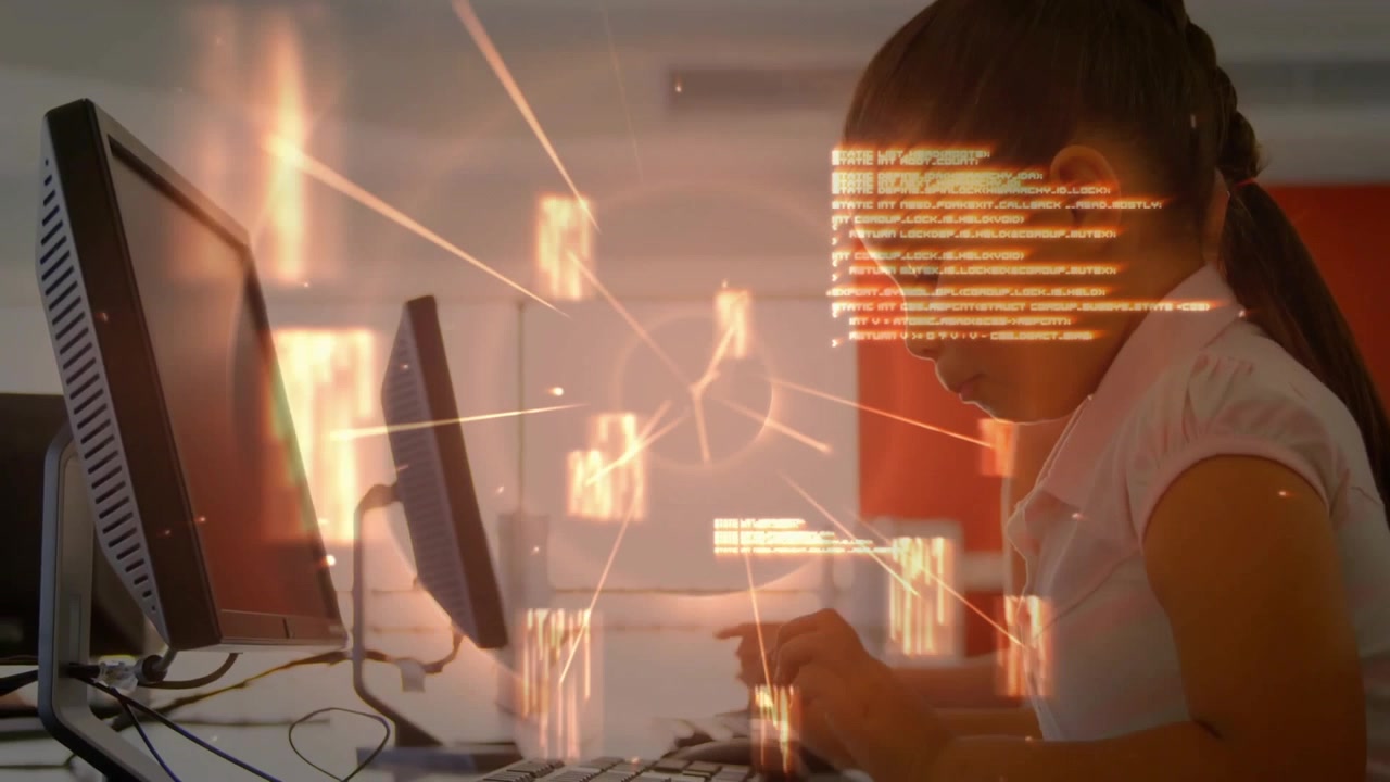 Young Girl Typing on Computer with Digital Data Overlay