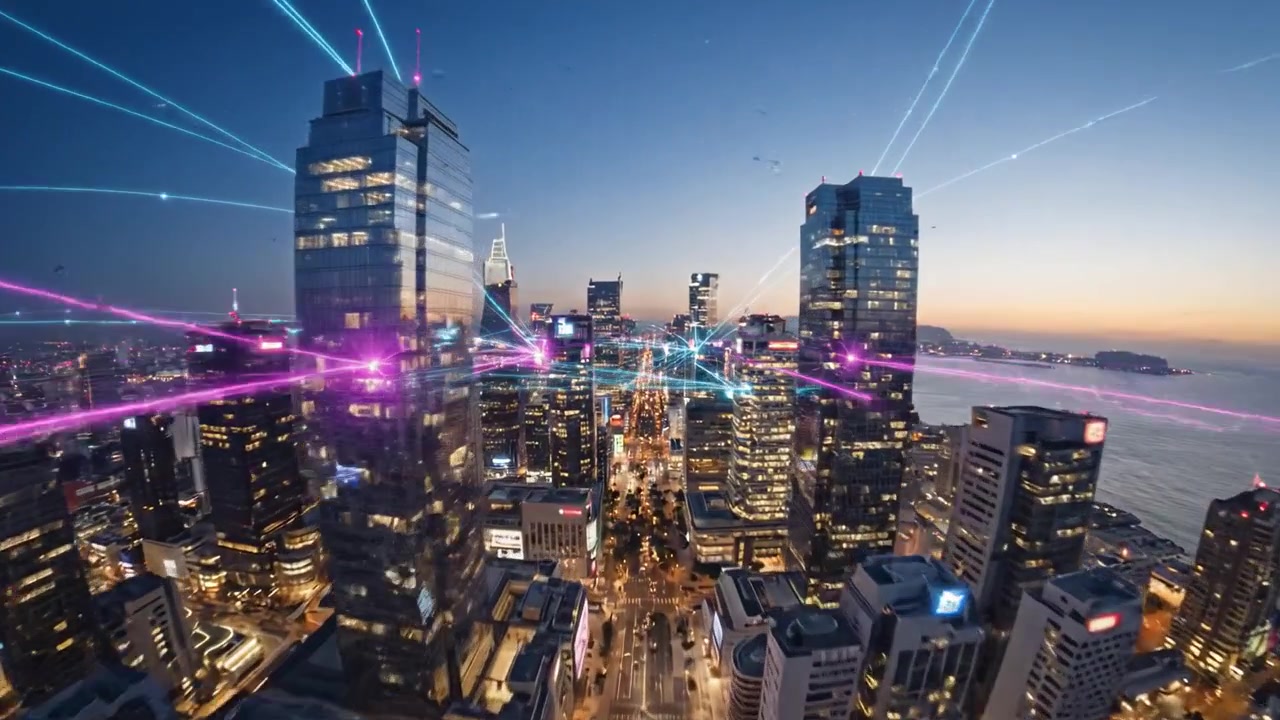 Um Horizonte Dinâmico ao Anoitecer com Rastros de Luz Futuristas e Duas Figuras em um Telhado Observando uma Paisagem Urbana Vibrante.