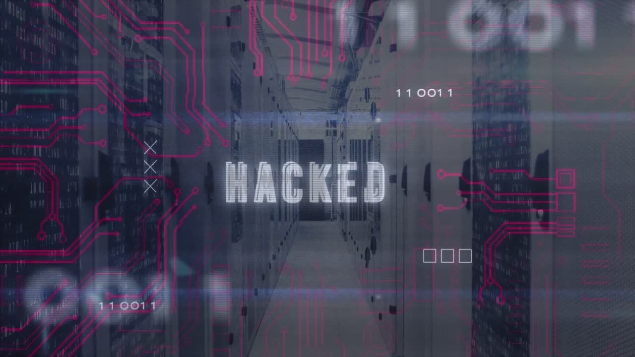 Animation of circuit board pattern around hacked text over binary codes on server room