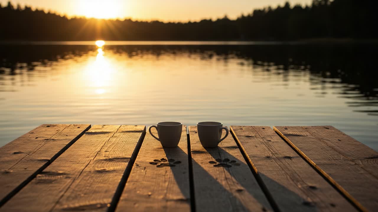 A Serene Morning by the Lake: Two Coffee Cups Resting on a Wooden Dock Amidst the Tranquil Reflections of the Sunrise