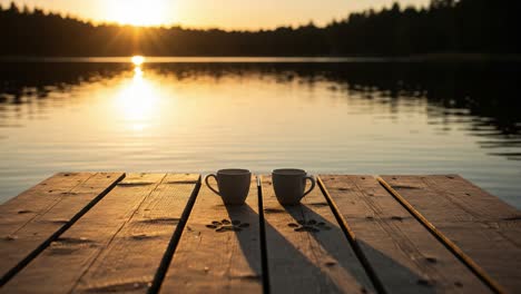 a serene morning by the lake: two coffee cups resting on a wooden dock amidst the tranquil reflections of the sunrise