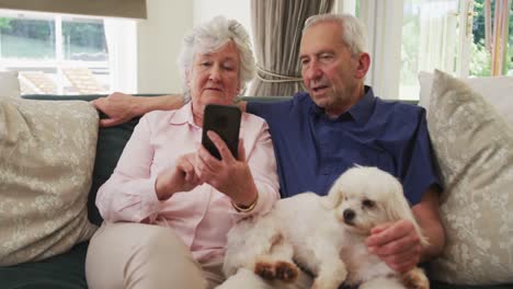 Senior-caucasian-couple-sitting-on-sofa-with-their-pet-dog-using-smartphone-in-living-room-in-slow-m
