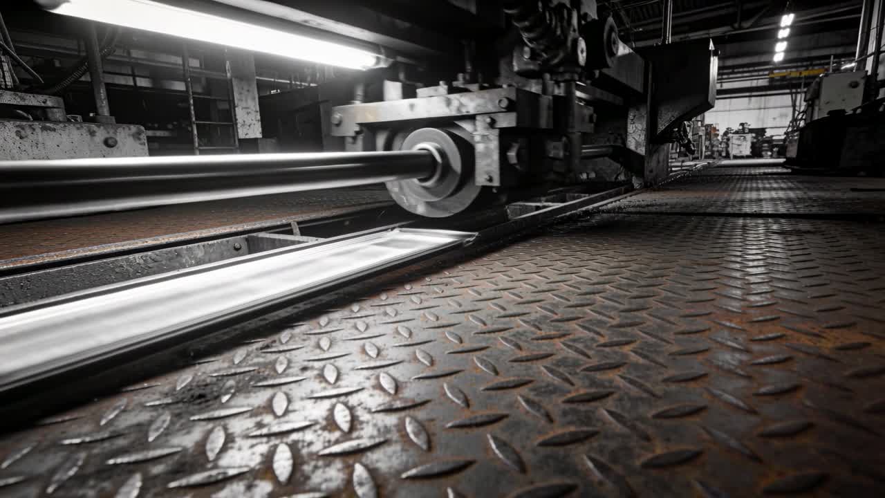 Getting start signal, gantry carriage sliding along factory floor, showing diamond-plate and roller