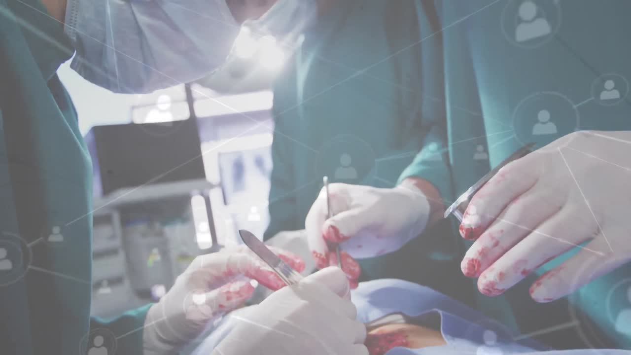 수술실에서 외과의사에 대한 사람 아이콘과의 연결 네트워크의 애니메이션