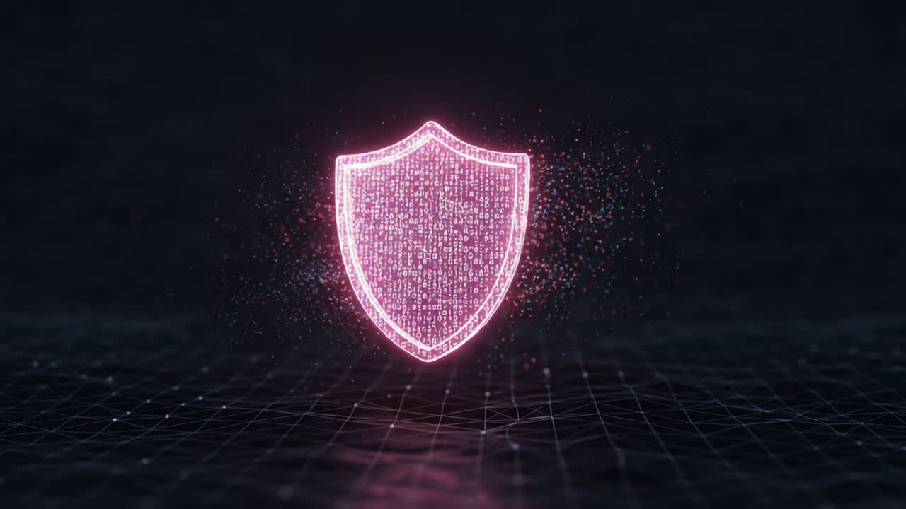 A dynamic glowing shield representation, illustrating the concept of digital protection with a modern, high-tech visual aesthetic and abstract particle effects.