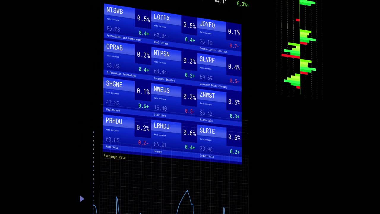 Animation of financial data processing with screens over black background