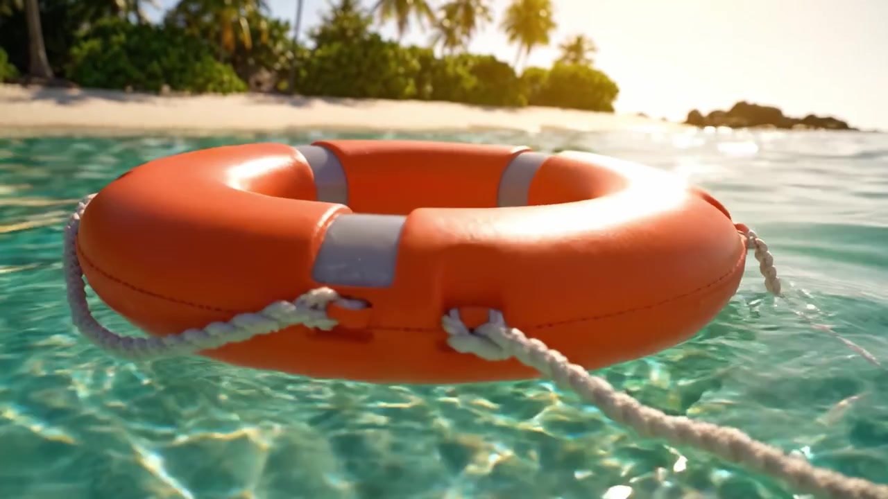 A Brightly Colored Lifebuoy Floating in Clear Tropical Waters Surrounded by Lush Greenery, Capturing the Essence of Relaxation and Safety by the Shore.