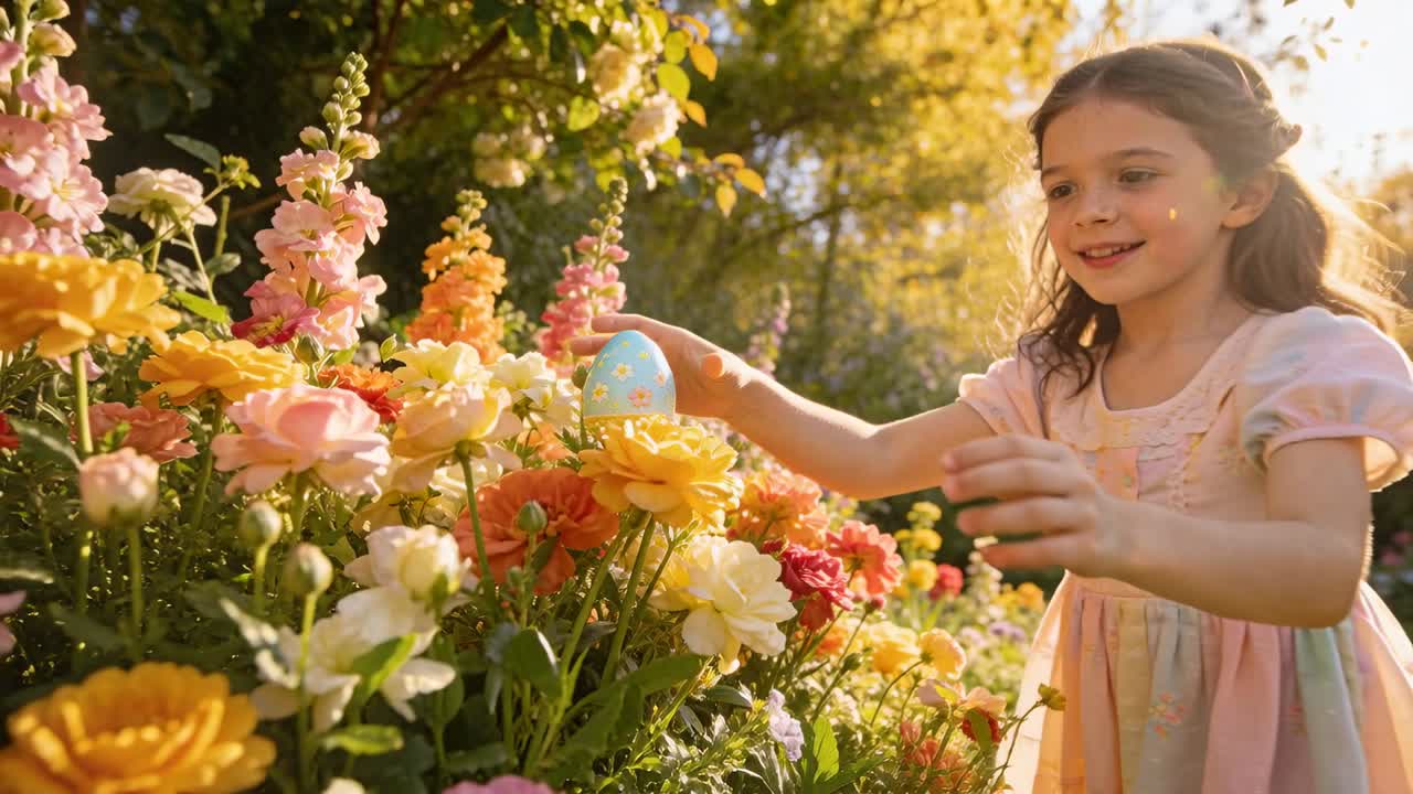 Un bambino in abito con fermaglio raccoglie un uovo pastello e sistema le uova tra i fiori in giardino, con spazio per il testo.